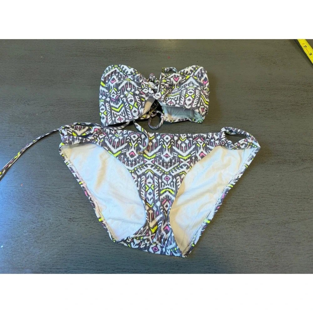 Xhilaration Womens Geometric Ikat Print Bikini Set Neon Yellow Grey Size L